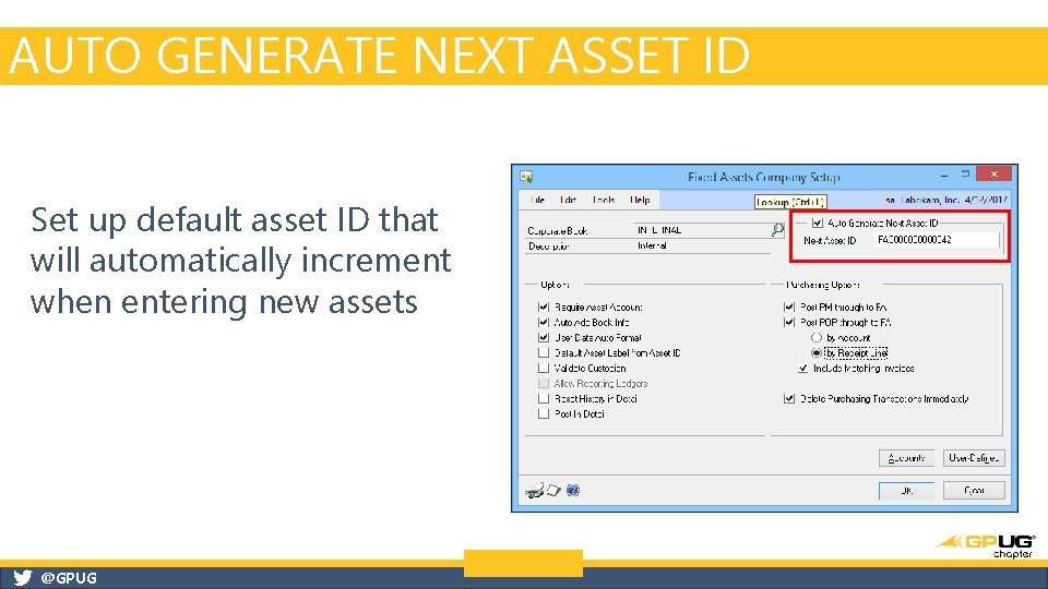 AUTO GENERATE NEXT ASSET ID Set up default asset ID that will automatically increment AUTO GENERATE NEXT ASSET ID Set up default asset ID that will automatically increment