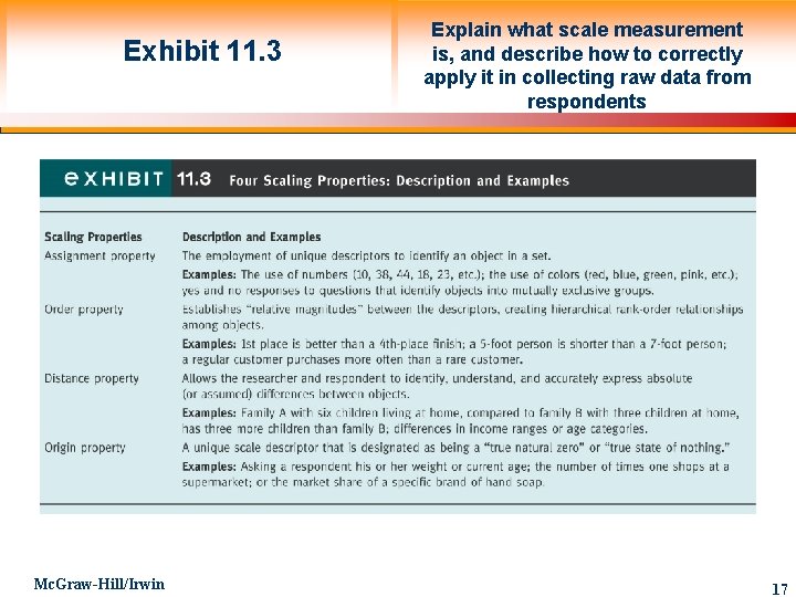 Exhibit 11. 3 Mc. Graw-Hill/Irwin Explain what scale measurement is, and describe how to