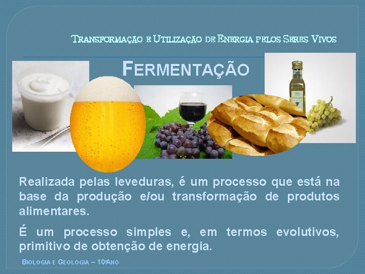 TRANSFORMAÇÃO E UTILIZAÇÃO DE ENERGIA PELOS SERES VIVOS FERMENTAÇÃO Realizada pelas leveduras, é um