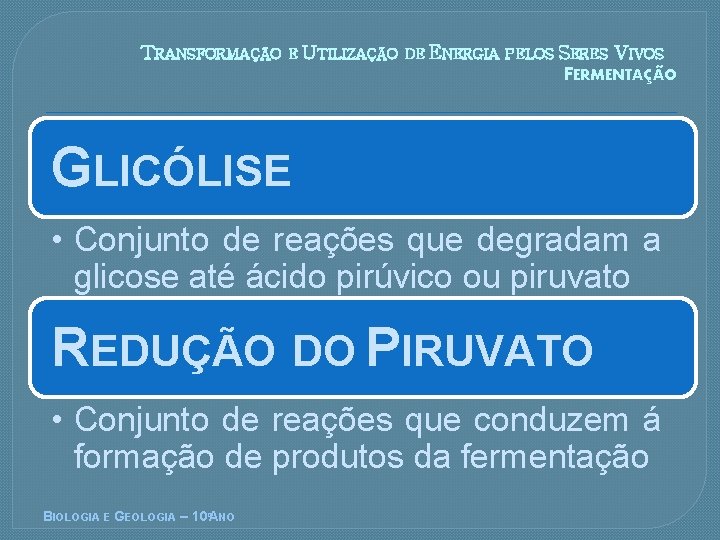 TRANSFORMAÇÃO E UTILIZAÇÃO DE ENERGIA PELOS SERES VIVOS FERMENTAÇÃO GLICÓLISE • Conjunto de reações