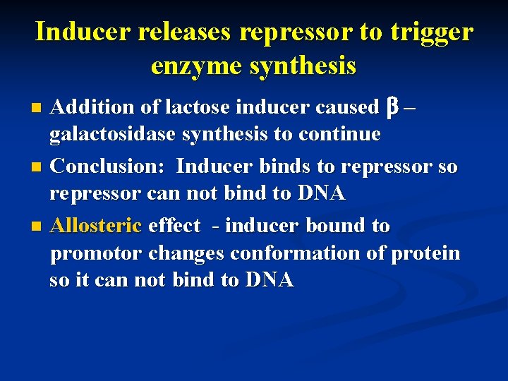 Inducer releases repressor to trigger enzyme synthesis Addition of lactose inducer caused b –