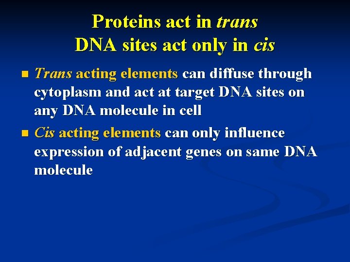 Proteins act in trans DNA sites act only in cis Trans acting elements can