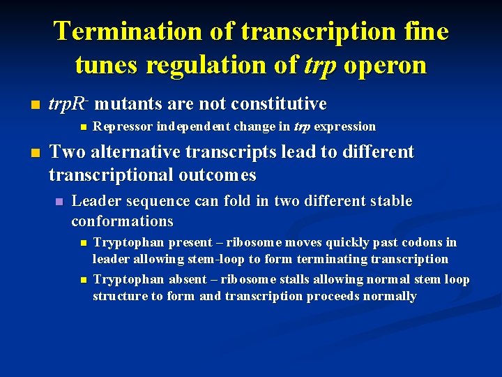 Termination of transcription fine tunes regulation of trp operon n trp. R- mutants are