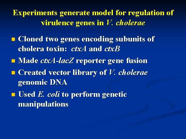 Experiments generate model for regulation of virulence genes in V. cholerae Cloned two genes