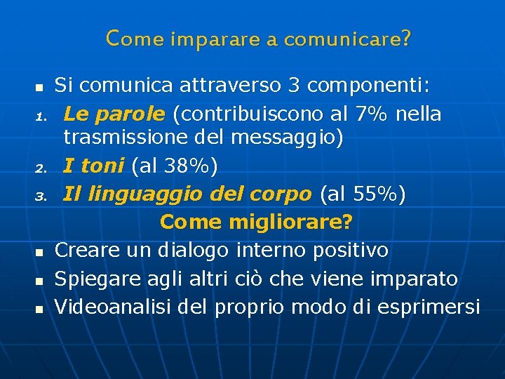 Come imparare a comunicare? Si comunica attraverso 3 componenti: 1. Le parole (contribuiscono al