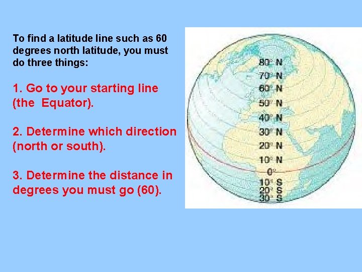 To find a latitude line such as 60 degrees north latitude, you must do