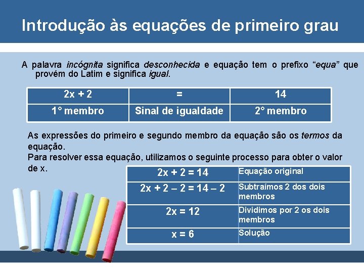 Introdução às equações de primeiro grau A palavra incógnita significa desconhecida e equação tem