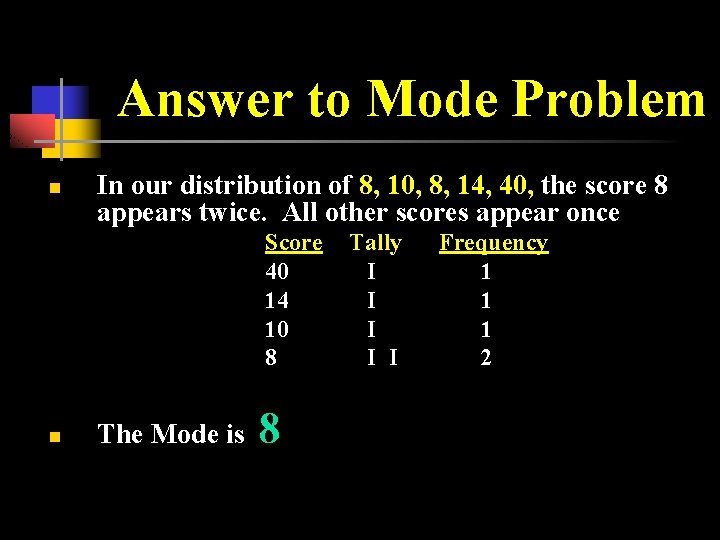 Answer to Mode Problem n In our distribution of 8, 10, 8, 14, 40,