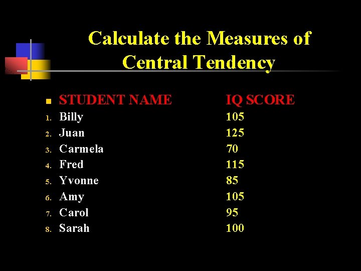 Calculate the Measures of Central Tendency n 1. 2. 3. 4. 5. 6. 7.