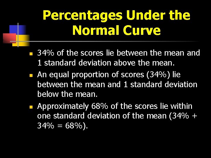 Percentages Under the Normal Curve n n n 34% of the scores lie between