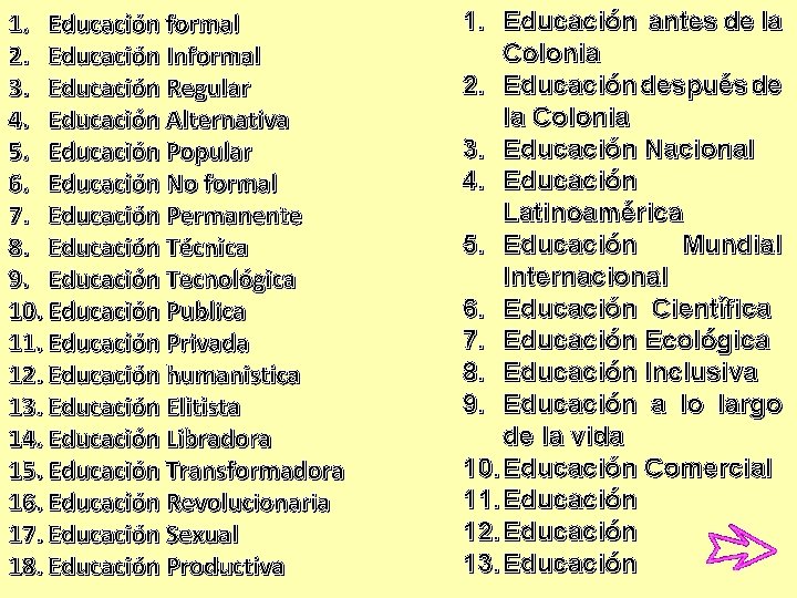 1. Educación formal 2. Educación Informal 3. Educación Regular 4. Educación Alternativa 5. Educación