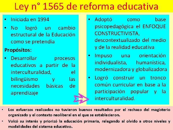 Ley n° 1565 de reforma educativa • Iniciada en 1994 • No logró un