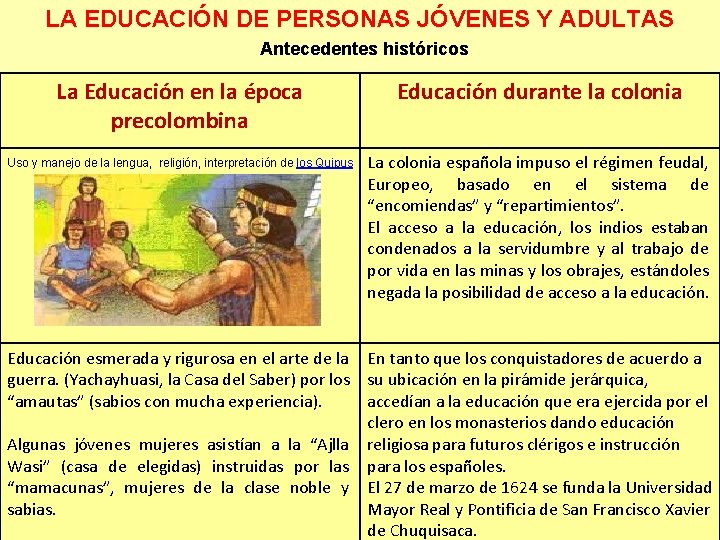 LA EDUCACIÓN DE PERSONAS JÓVENES Y ADULTAS Antecedentes históricos La Educación en la época