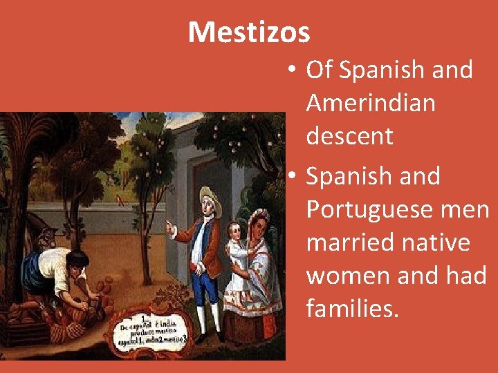 Mestizos • Of Spanish and Amerindian descent • Spanish and Portuguese men married native