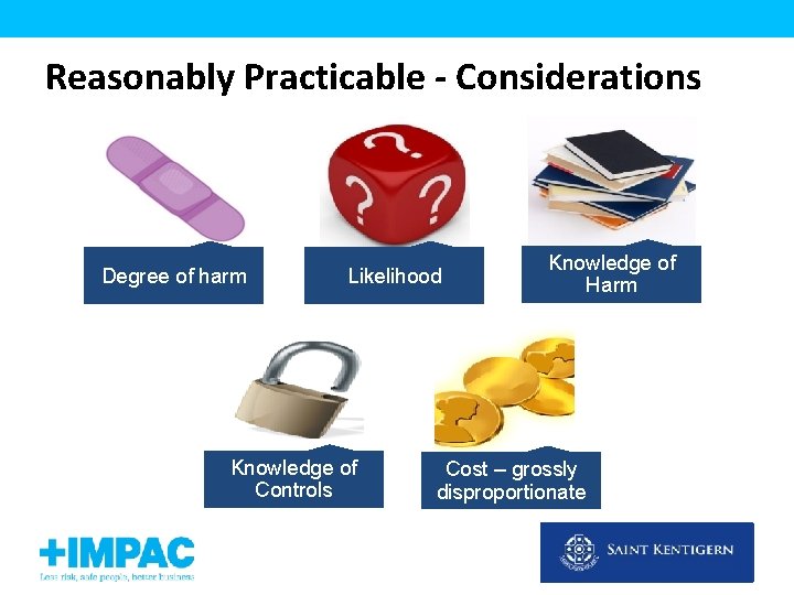 Reasonably Practicable - Considerations Degree of harm Likelihood Knowledge of Controls Knowledge of Harm