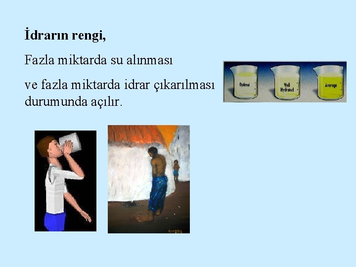 İdrarın rengi, Fazla miktarda su alınması ve fazla miktarda idrar çıkarılması durumunda açılır. 