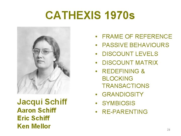 CATHEXIS 1970 s • • • Jacqui Schiff Aaron Schiff Eric Schiff Ken Mellor