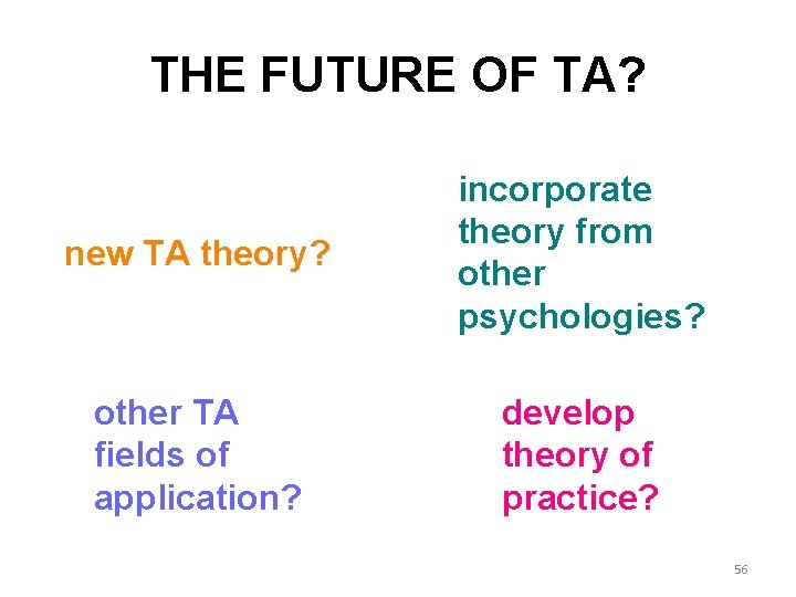 THE FUTURE OF TA? new TA theory? incorporate theory from other psychologies? other TA THE FUTURE OF TA? new TA theory? incorporate theory from other psychologies? other TA