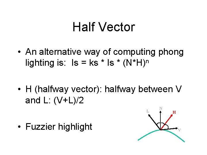 Half Vector • An alternative way of computing phong lighting is: Is = ks