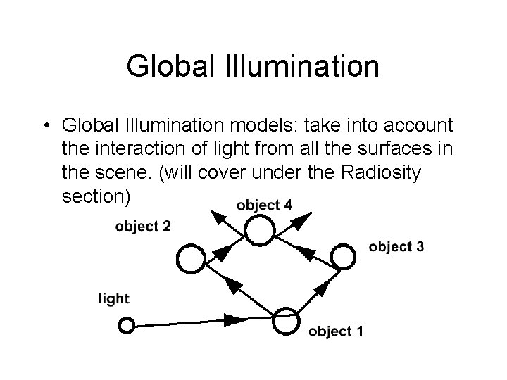 Global Illumination • Global Illumination models: take into account the interaction of light from