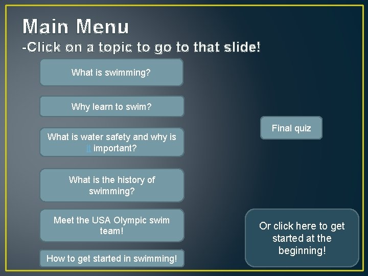Main Menu -Click on a topic to go to that slide! What is swimming?