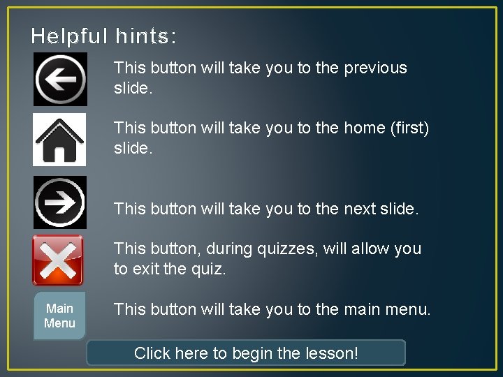 Helpful hints: This button will take you to the previous slide. This button will