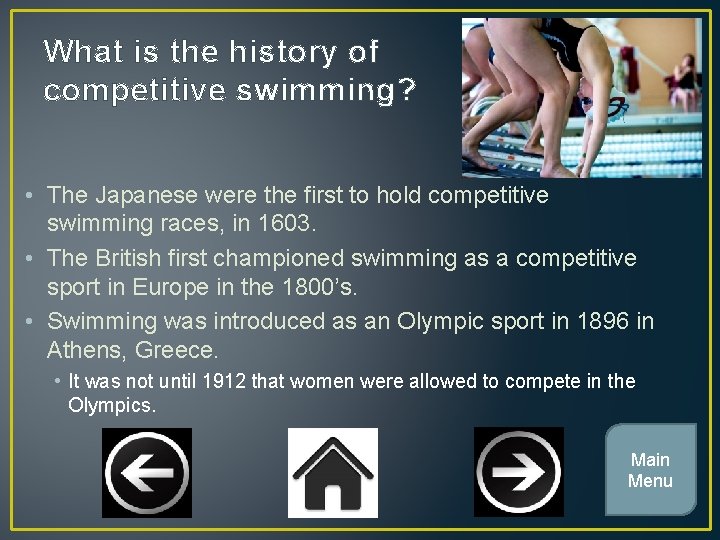 What is the history of competitive swimming? • The Japanese were the first to