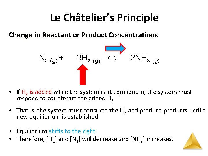 Le Châtelier’s Principle Change in Reactant or Product Concentrations N 2 (g) + 3