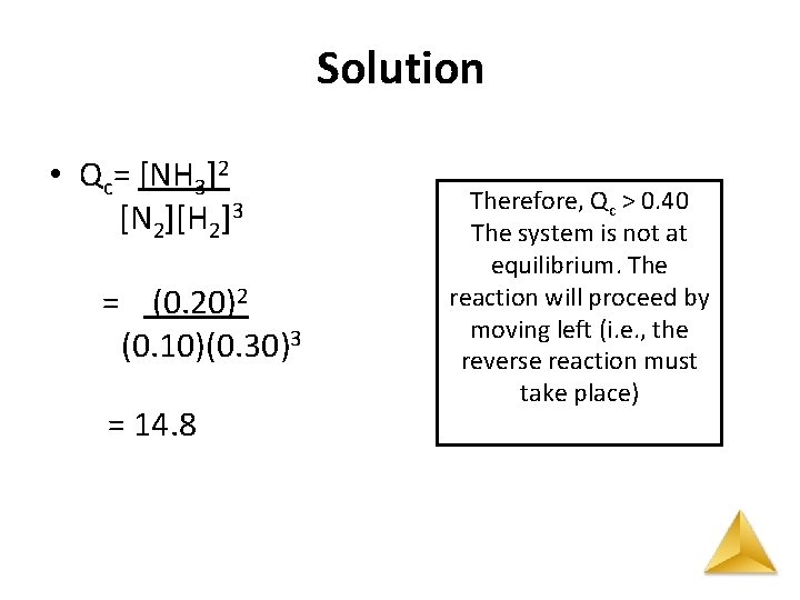 Solution • Qc= [NH 3]2 [N 2][H 2]3 = (0. 20)2 (0. 10)(0. 30)3