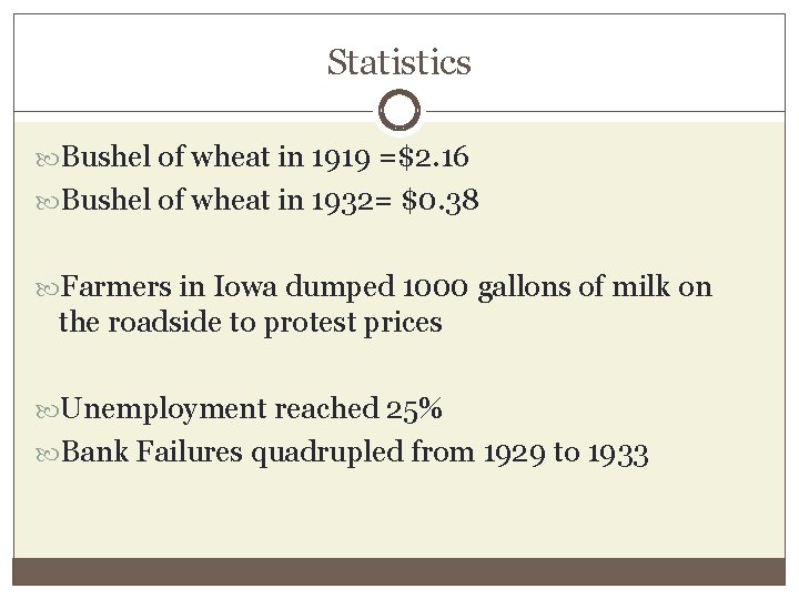 Statistics Bushel of wheat in 1919 =$2. 16 Bushel of wheat in 1932= $0.