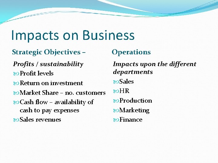 Impacts on Business Strategic Objectives – Operations Profits / sustainability Profit levels Return on