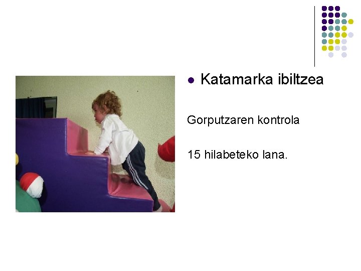 l Katamarka ibiltzea Gorputzaren kontrola 15 hilabeteko lana. l Katamarka ibiltzea Gorputzaren kontrola 15 hilabeteko lana.