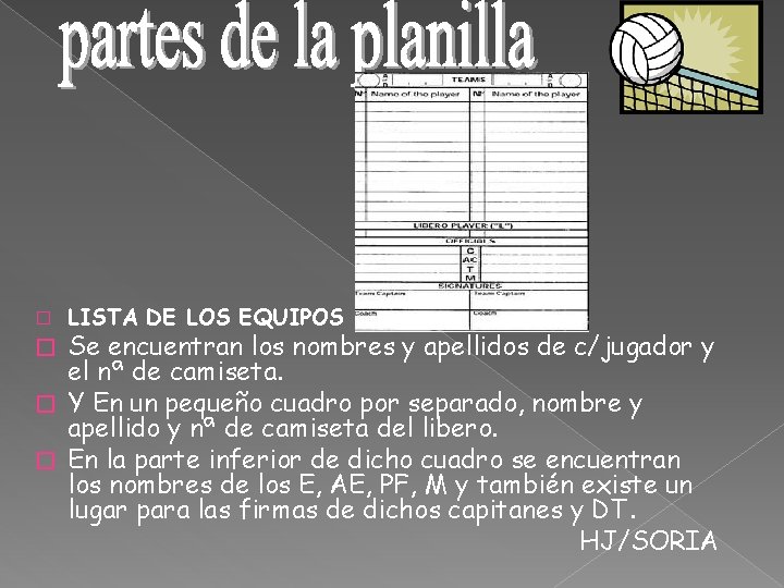 � LISTA DE LOS EQUIPOS Se encuentran los nombres y apellidos de c/jugador y