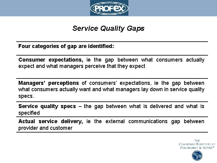 Service Quality Gaps Four categories of gap are identified: Consumer expectations, ie the gap