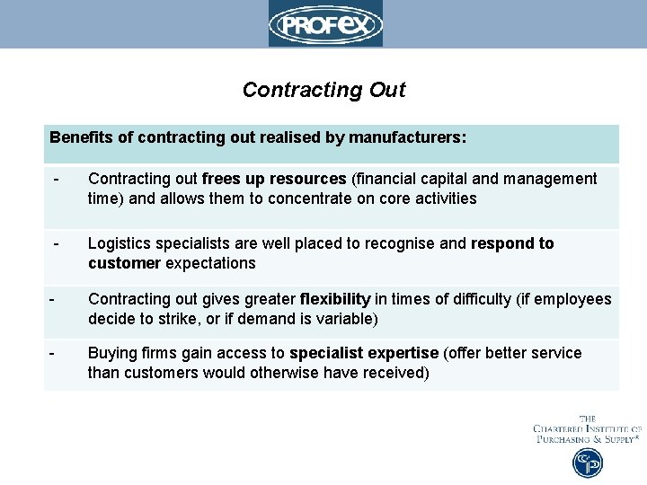 Contracting Out Benefits of contracting out realised by manufacturers: - Contracting out frees up