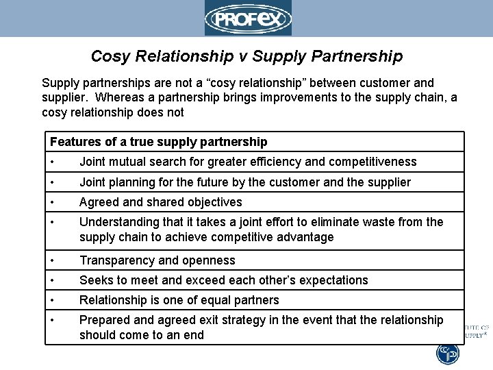 Cosy Relationship v Supply Partnership Supply partnerships are not a “cosy relationship” between customer