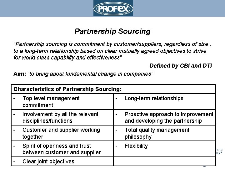 Partnership Sourcing “Partnership sourcing is commitment by customer/suppliers, regardless of size , to a