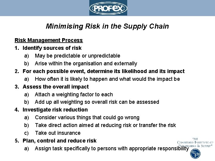 Minimising Risk in the Supply Chain Risk Management Process 1. Identify sources of risk