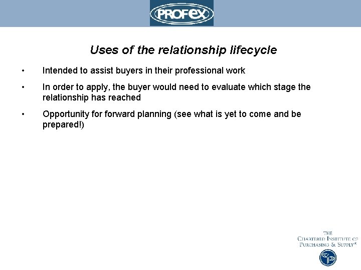 Uses of the relationship lifecycle • Intended to assist buyers in their professional work