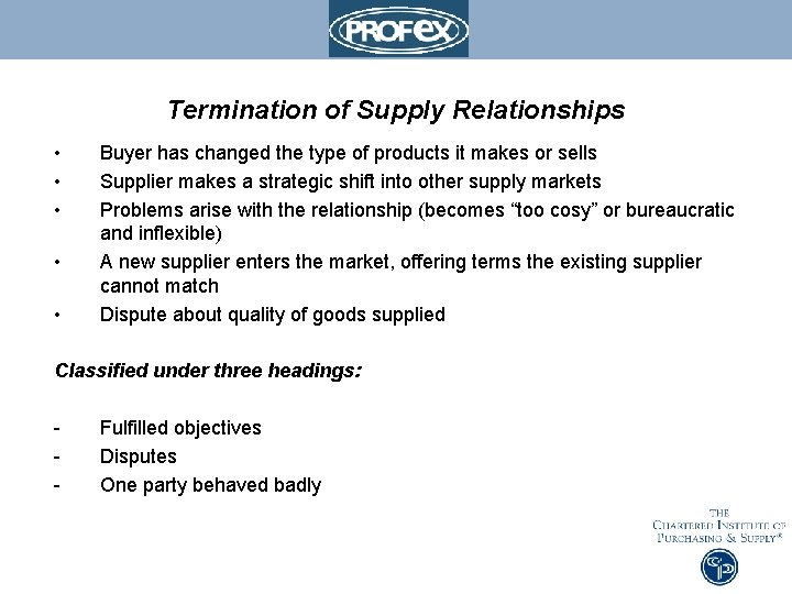 Termination of Supply Relationships • • • Buyer has changed the type of products