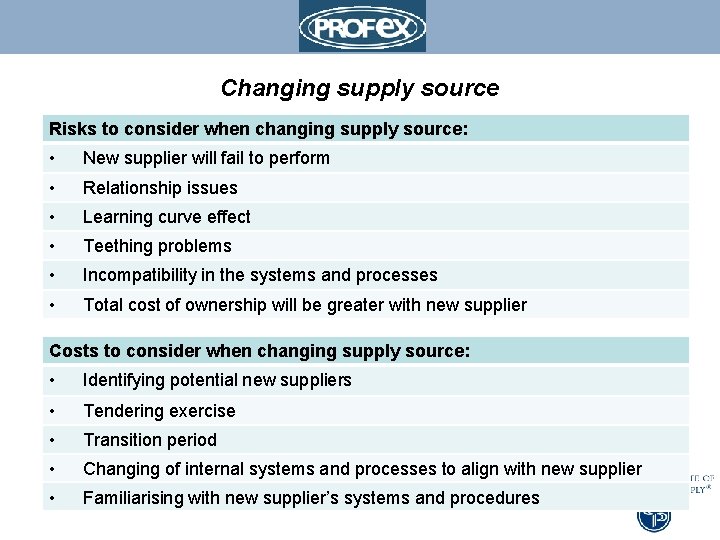 Changing supply source Risks to consider when changing supply source: • New supplier will