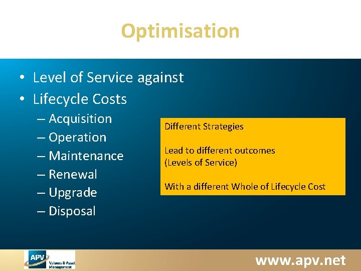 Optimisation • Level of Service against • Lifecycle Costs – Acquisition – Operation –