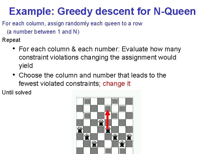 Example: Greedy descent for N-Queen For each column, assign randomly each queen to a