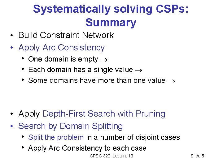 Systematically solving CSPs: Summary • Build Constraint Network • Apply Arc Consistency • One