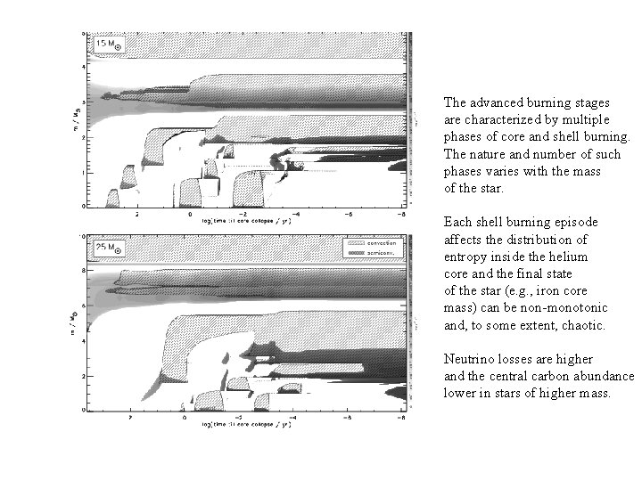 The advanced burning stages are characterized by multiple phases of core and shell burning.