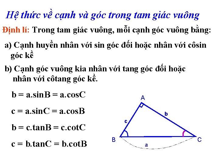 Hệ thức về cạnh và góc trong tam giác vuông Định lí: Trong tam