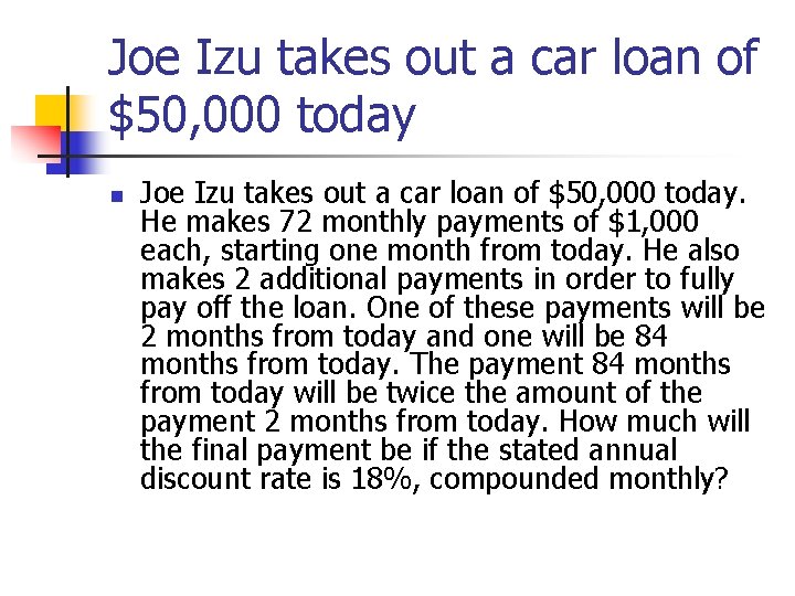 Joe Izu takes out a car loan of $50, 000 today n Joe Izu Joe Izu takes out a car loan of $50, 000 today n Joe Izu