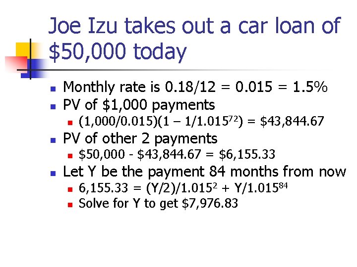 Joe Izu takes out a car loan of $50, 000 today n n Monthly Joe Izu takes out a car loan of $50, 000 today n n Monthly