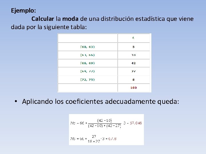 Ejemplo: Calcular la moda de una distribución estadística que viene dada por la siguiente