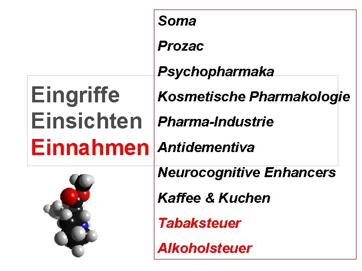 Soma Prozac Psychopharmaka Eingriffe Einsichten Einnahmen Kosmetische Pharmakologie Pharma-Industrie Antidementiva Neurocognitive Enhancers Kaffee &